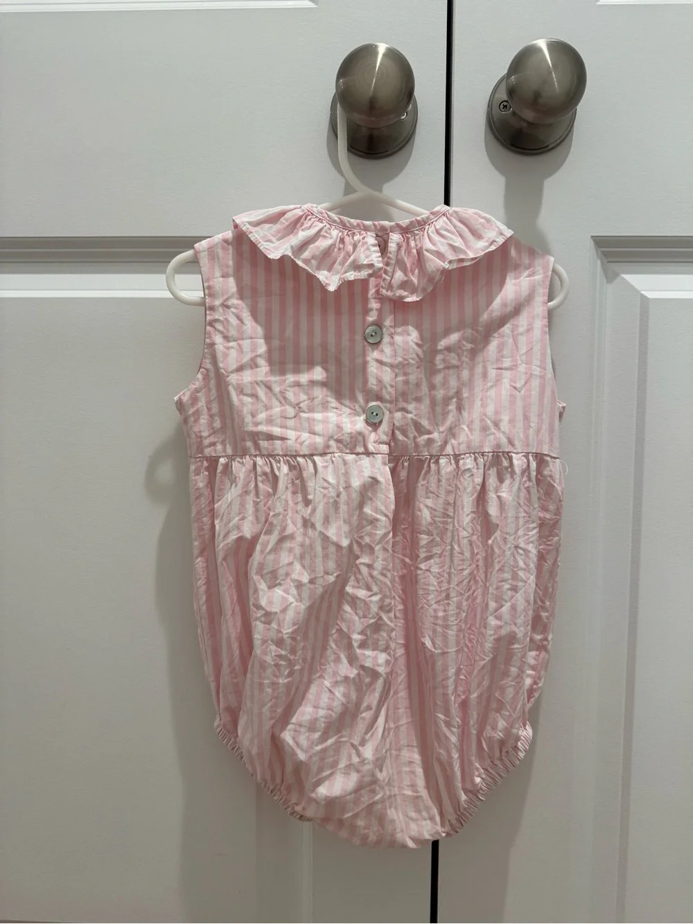 Hannah Kate Pink & White Striped Ruffle Collar Baby Bubble Romper - 18m